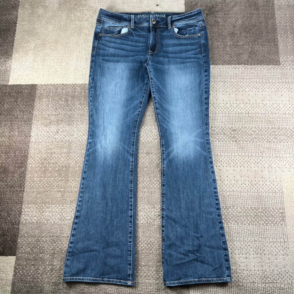 Y2K American Eagle Kick Boot Super Stretch Jeans Blue Denim Women Size 12 Long